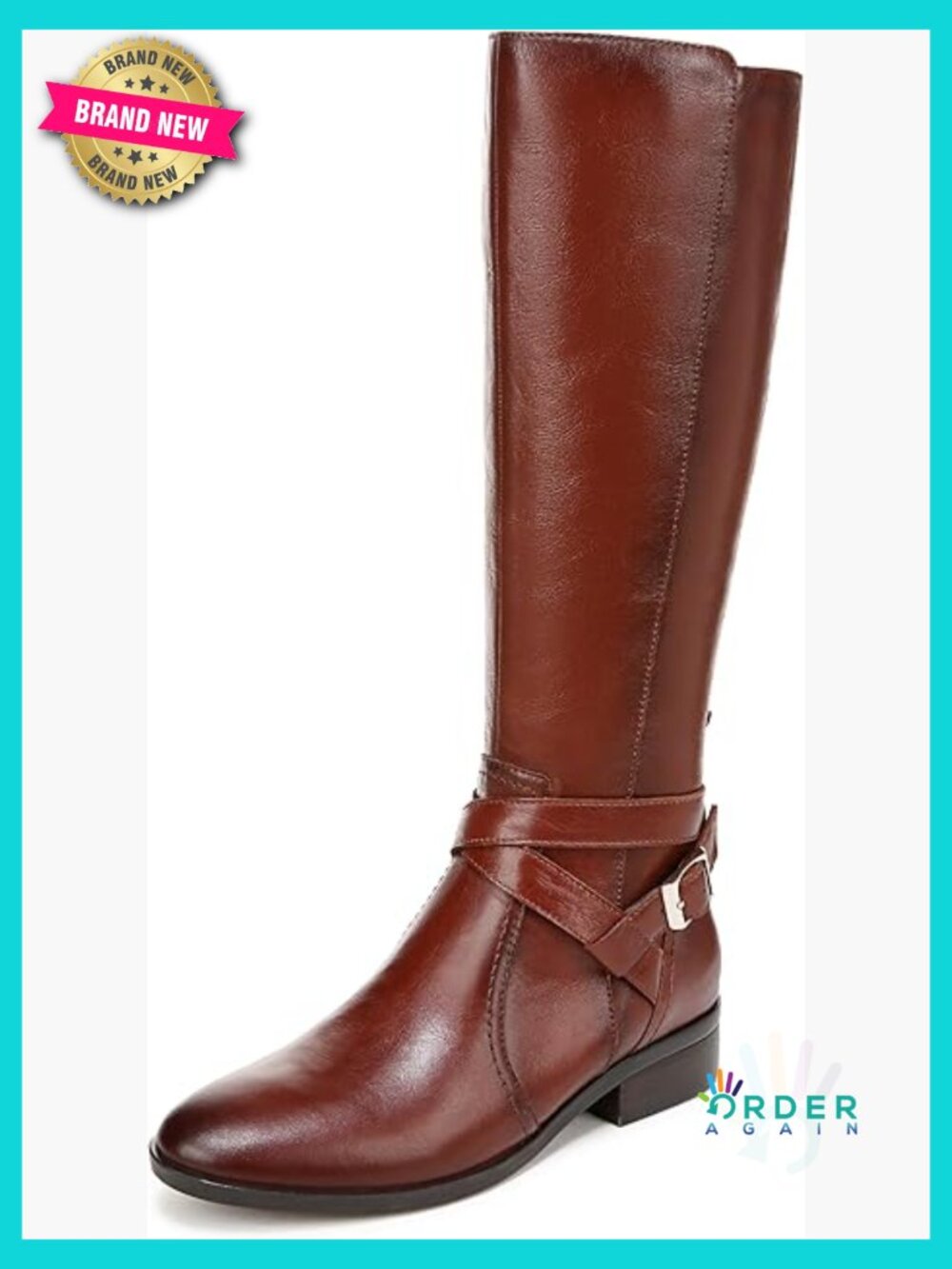 Knee High Boots with Polished Buckles and Side Zip Closure Leather Wide Calf